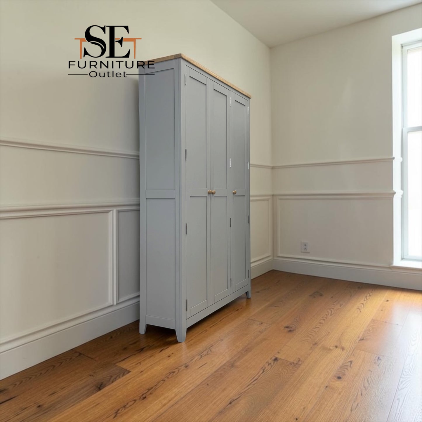 Solid Oak Top & Solid Wood Frames 3 Door Hallway Cupboard, Chester Dove Grey Range RRP £1325
