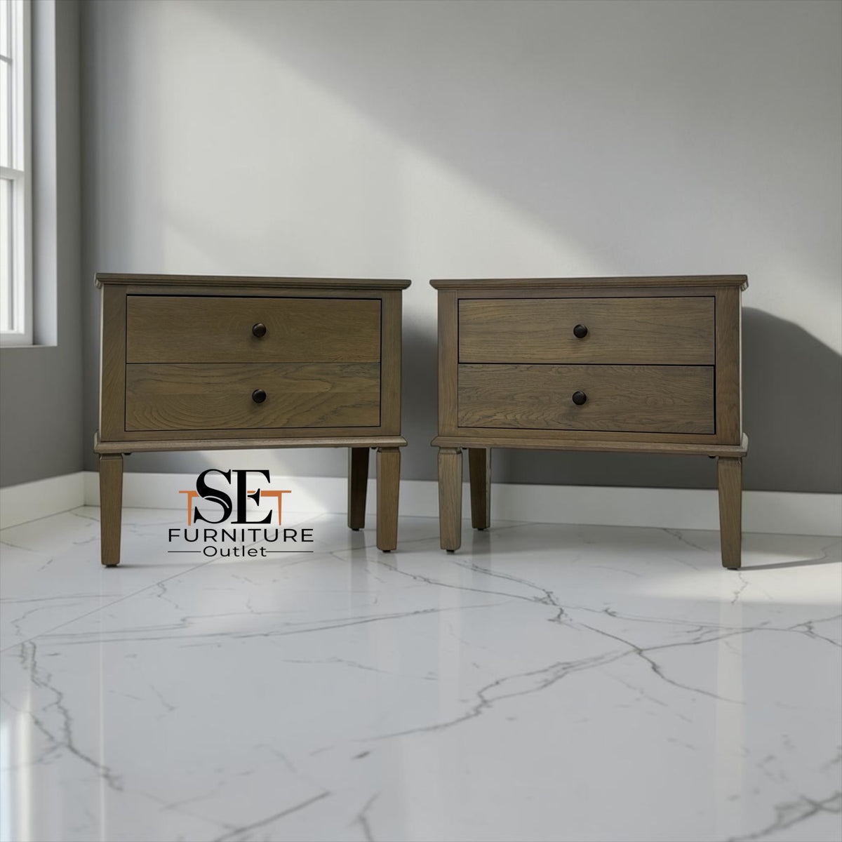 Set of 2 Smoked Solid Oak & Oak Veneer Wide 2 Drawer Bedside Tables, Bibury Smoked Oak Range, RRP £500