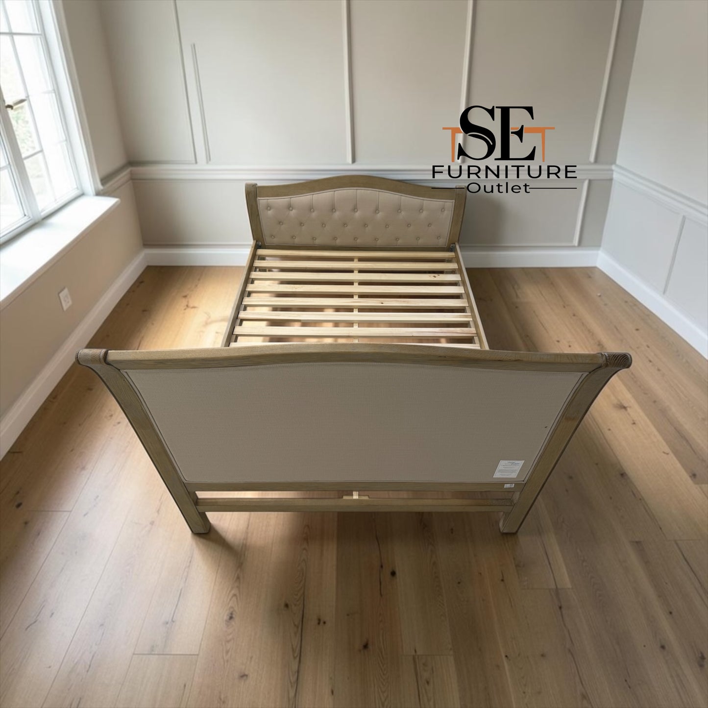 Grey-toned Limewashed Finish Solid Oak Frame Buttoned 5ft King Size Bed, Camille Range RRP £1499
