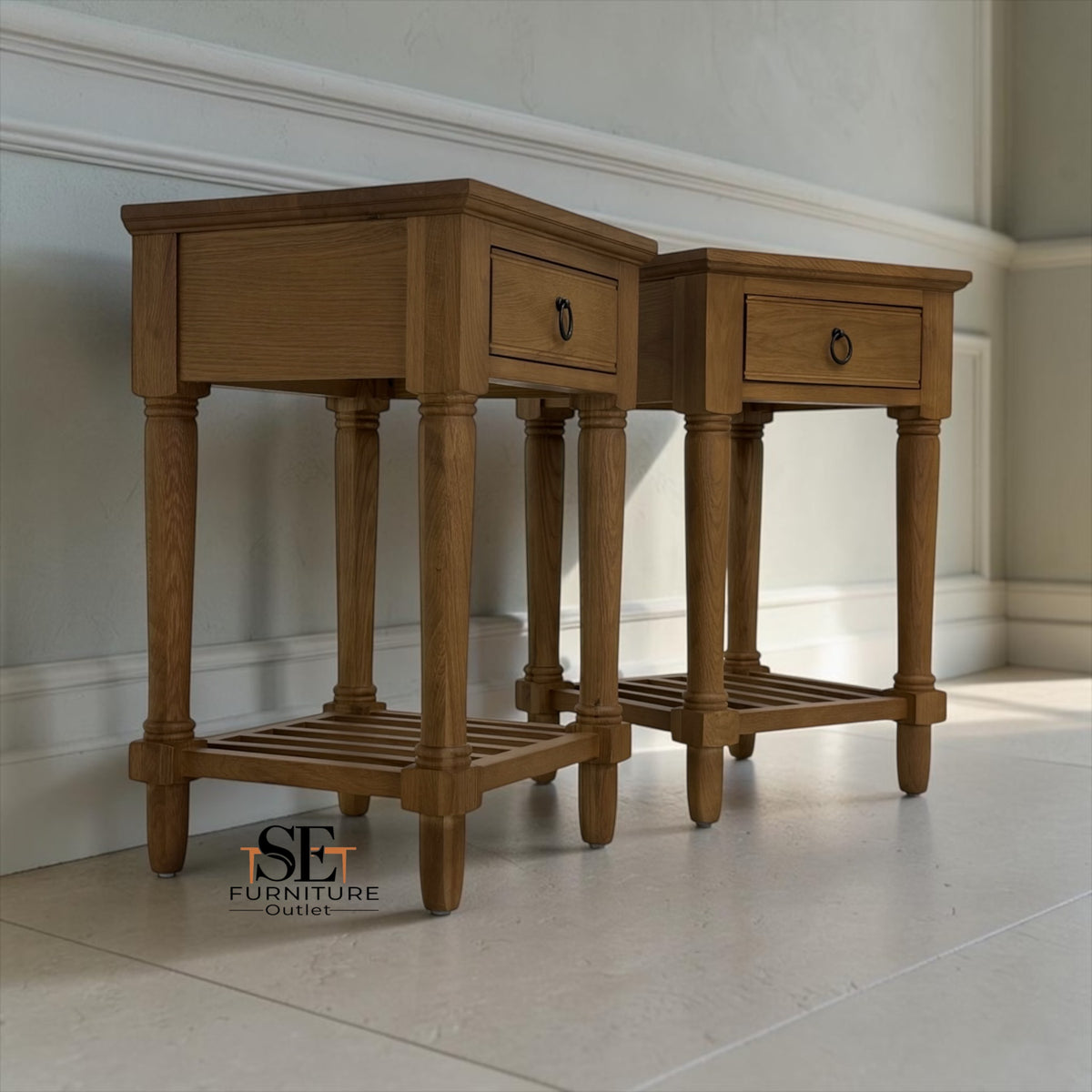Solid Oak & Oak Veneer 1-Drawer Bedside Table, Elkstone Mellow Oak Range, RRP £398