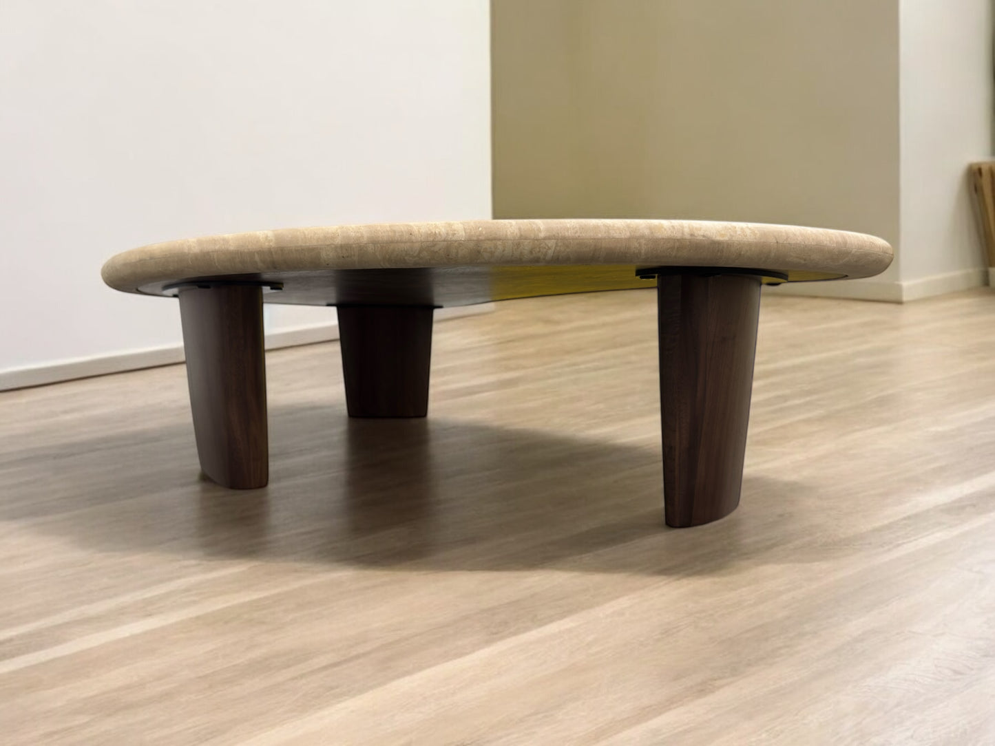 Solid Walnut legs & Natural Travertine Stone Coffee Table in the Shape of a Crescent Moon RRP £1199