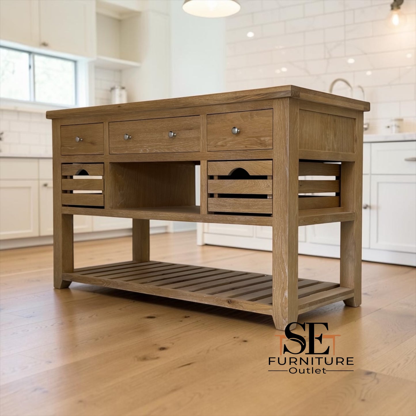 Whitewashed Finish Solid Oak & Oak Veneer Kitchen Island with Marble Top, Inglesham Range RRP £1399