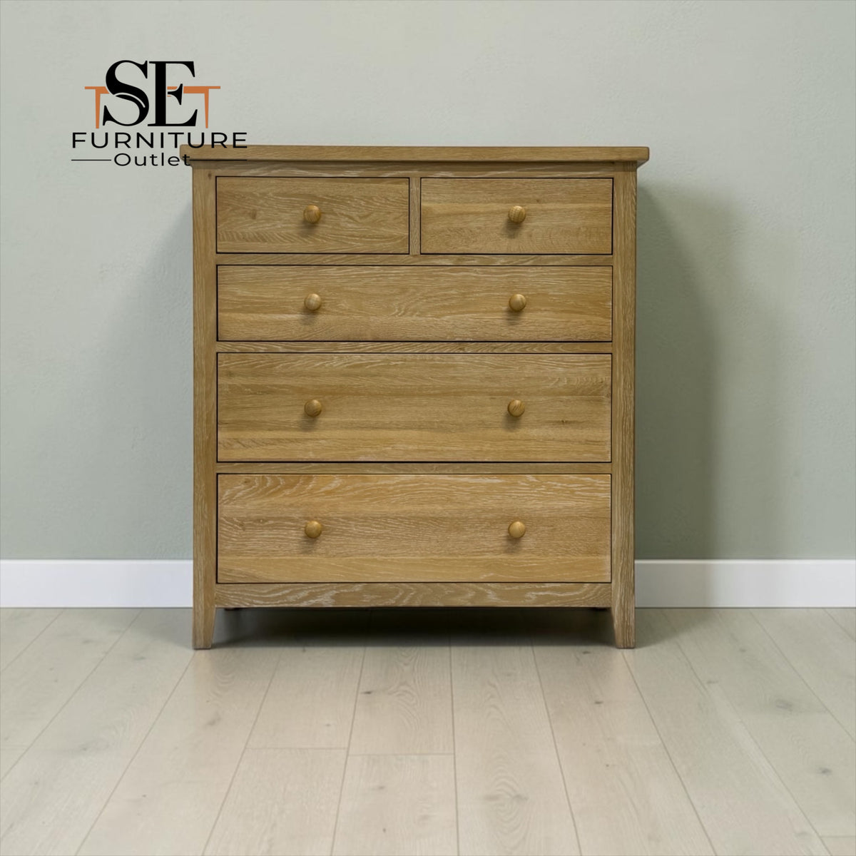 Whitewashed Finish Solid Oak & Quality Oak Veneer 5 Drawer Chest, Inglesham Range, RRP £599