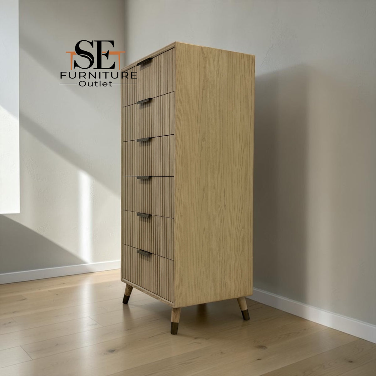 Textured Fluted Front & Brass-Plated Handles Tallboy from Oakridge Blonde Oak Range RRP £699
