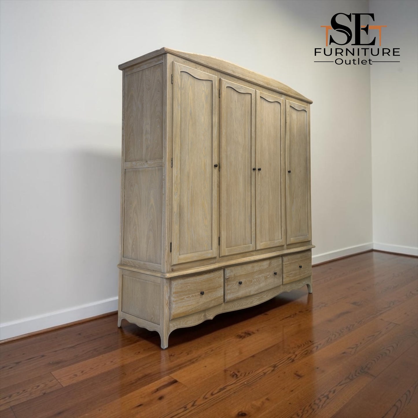 Grey-toned Limewash Finished Solid Oak & High-Quality Oak Veneer Quad Wardrobe, Camille Range RRP £2400