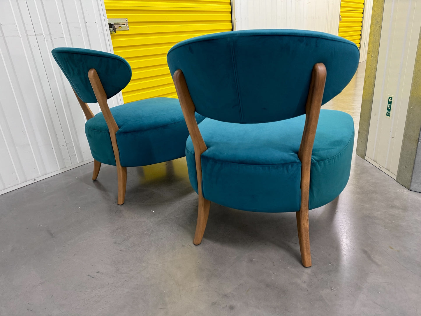 Pair Of Sea Green Velvet Fabric Casual Chairs With Solid Oak Frame