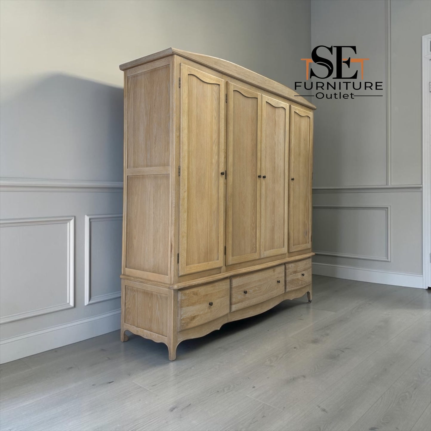 Grey-toned Limewashed Finish Solid Oak & High-Quality Oak Veneer Quad Wardrobe, Camille Range RRP £2400