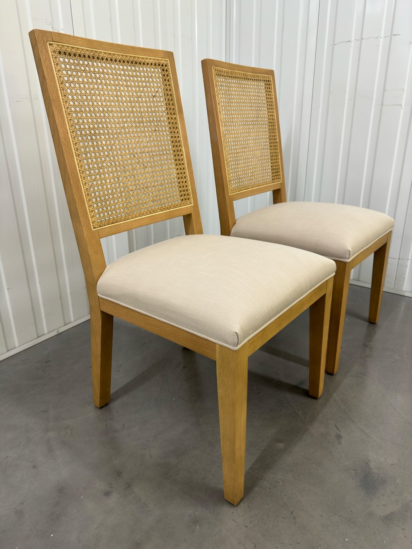 Oak & Rattan Back Chair with Fabric Covered Padded Seat, Set of 2