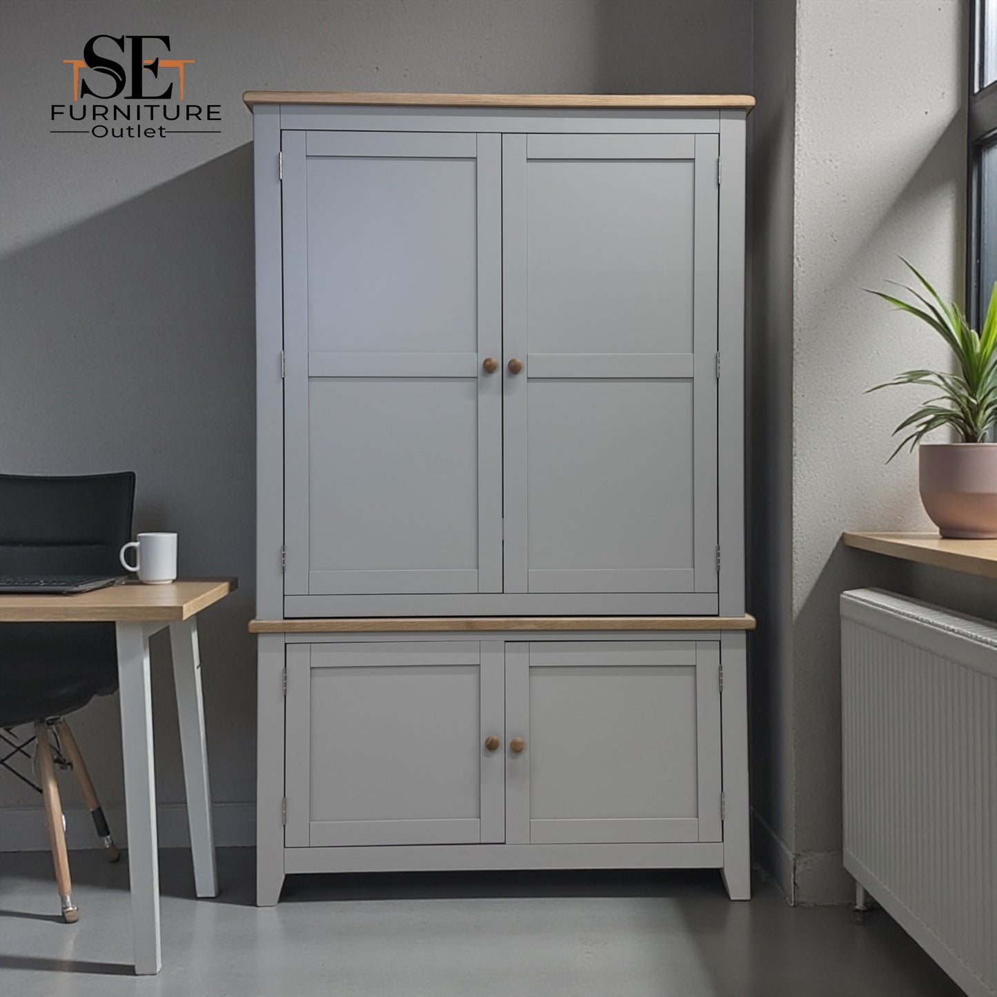 Solid Oak Top & Solid Wood Frames Hideaway Home Office, Chester Dove Grey Range RRP £1799