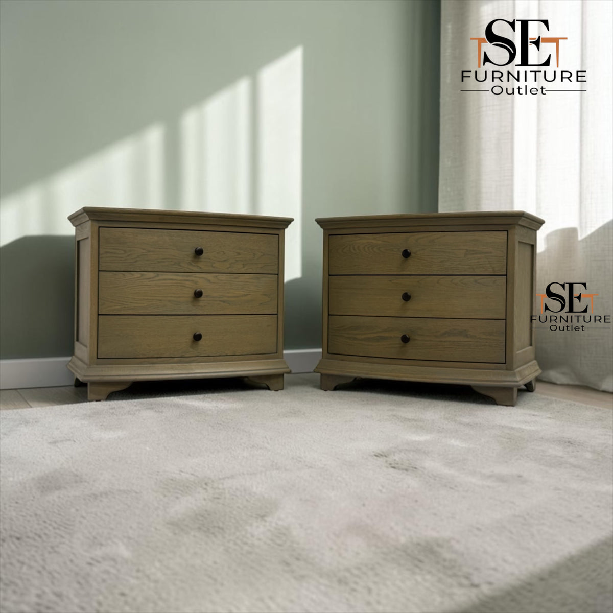Set of 2 Solid Oak & Oak Veneer Wide Bedside Tables from the Winchcombe Smoked Oak Range, RRP £998