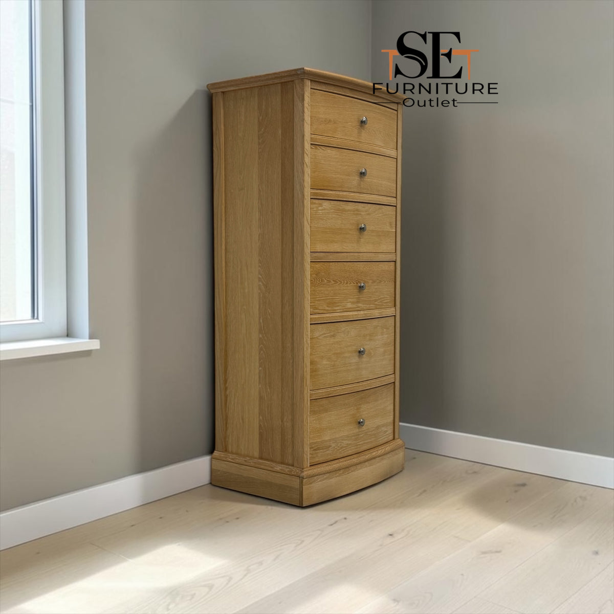 Whitewashed Finish Solid Oak & Oak Veneer Large Tallboy Chest with Soft-Close Drawers