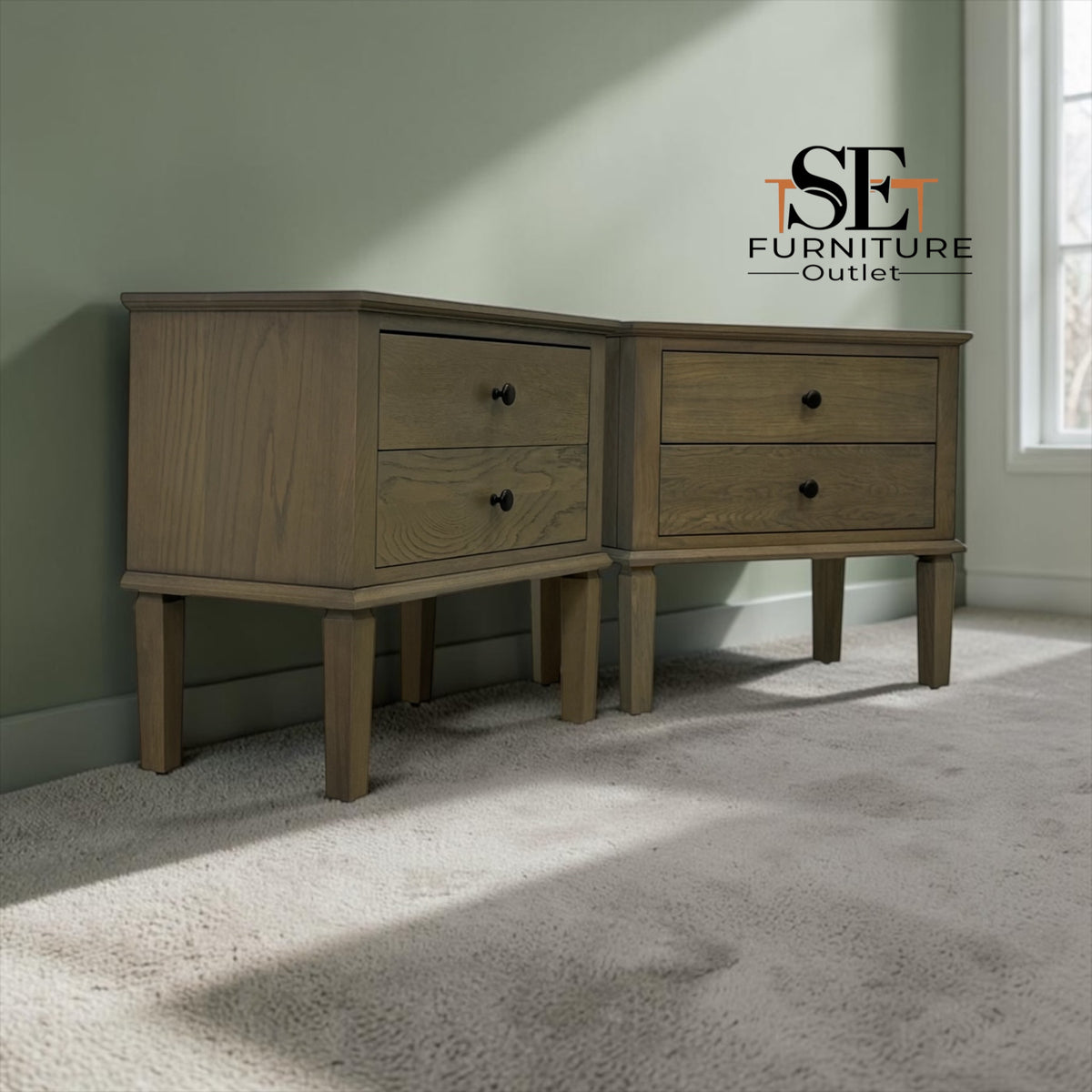 Set of 2 Smoked Solid Oak & Oak Veneer Wide 2 Drawer Bedside Tables, Bibury Smoked Oak Range, RRP £500