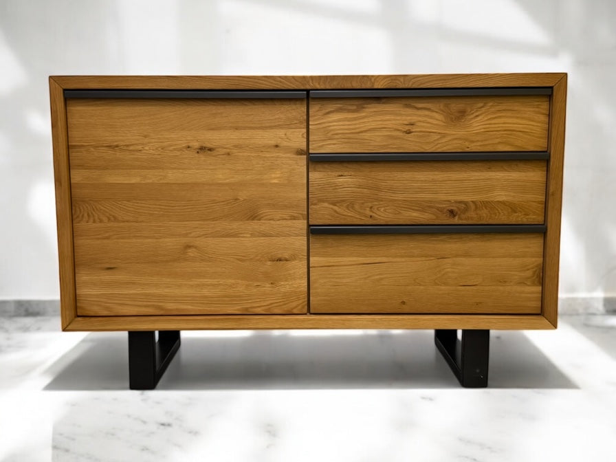 Natural Solid Oak & Metal Small Sideboard, Maine Range From Oak Furnitureland RRP £529