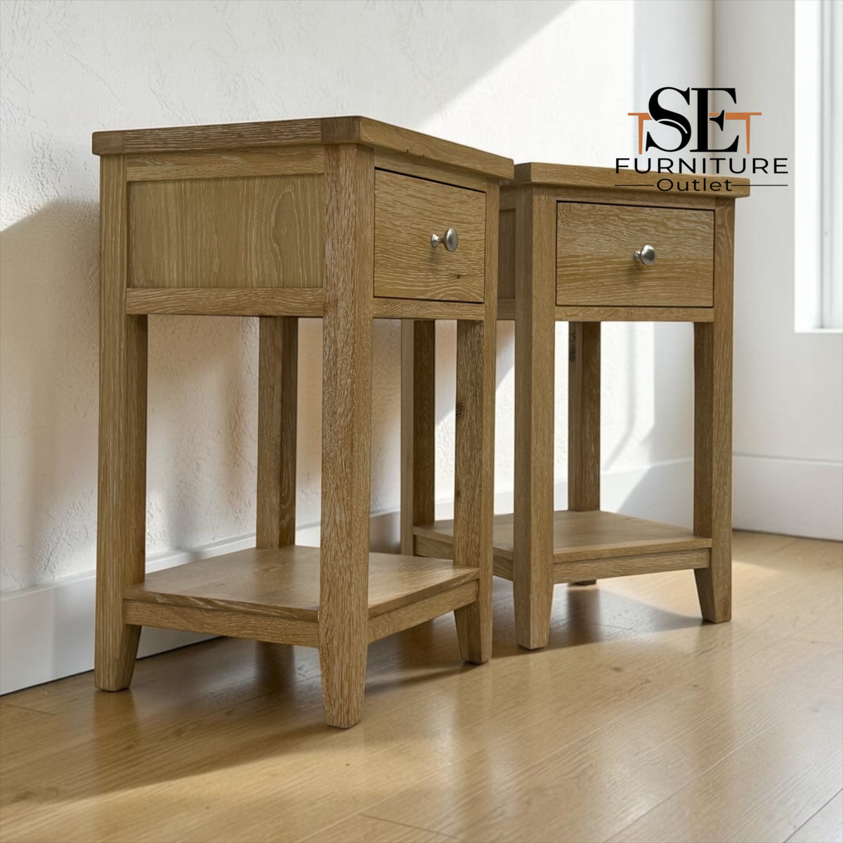 Set of 2 Whitewashed Finish Solid Oak & Oak Veneer 1 Drawer Bedside Tables, Inglesham Range RRP £398