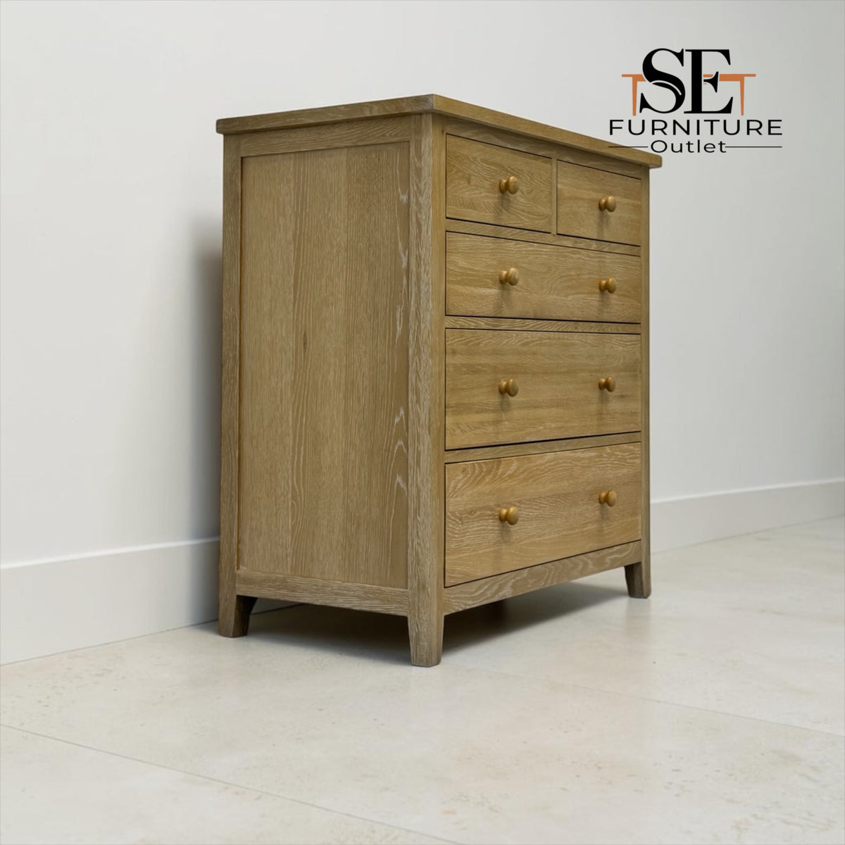Whitewashed Finish Solid Oak & Quality Oak Veneer 5 Drawer Chest, Inglesham Range, RRP £599