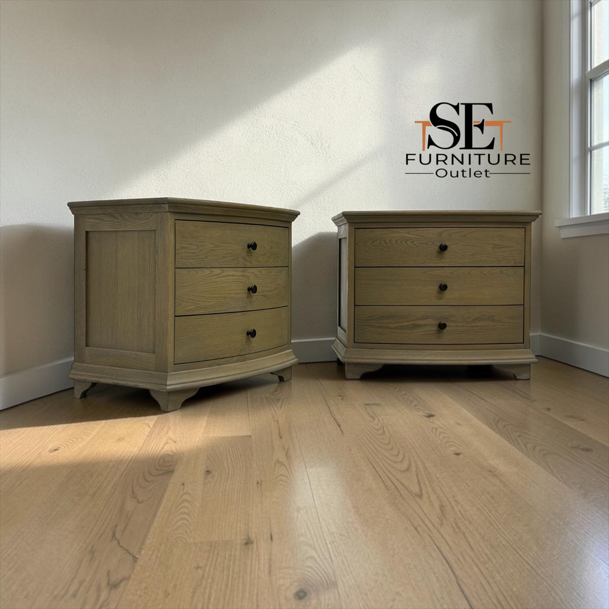 Set of 2 Solid Oak & Oak Veneer Wide Bedside Tables from the Winchcombe Smoked Oak Range, RRP £998
