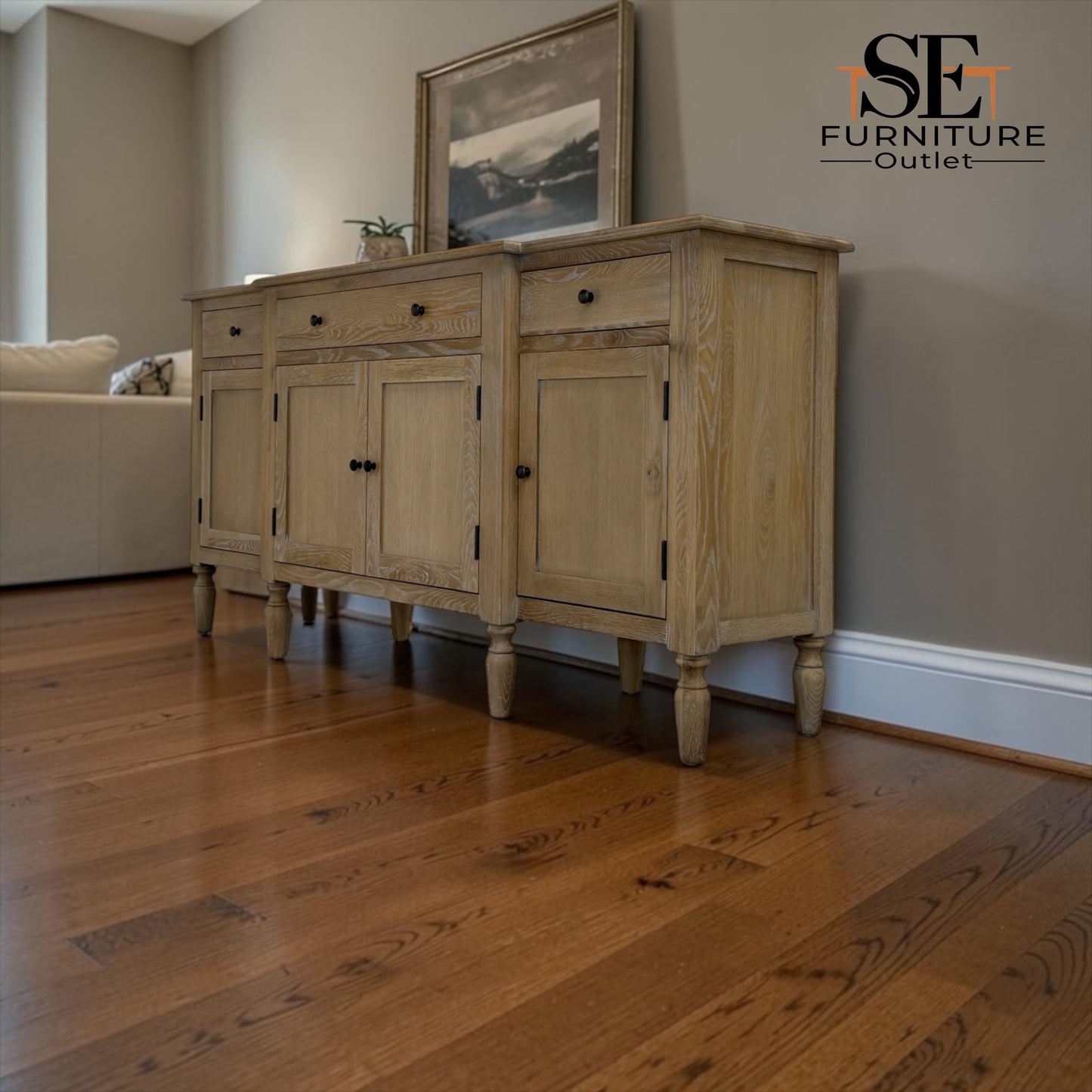 Grey-toned Limewash Finished Solid Oak & High-Quality Oak Veneer Extra Large Sideboard, Camille Range, RRP £1400