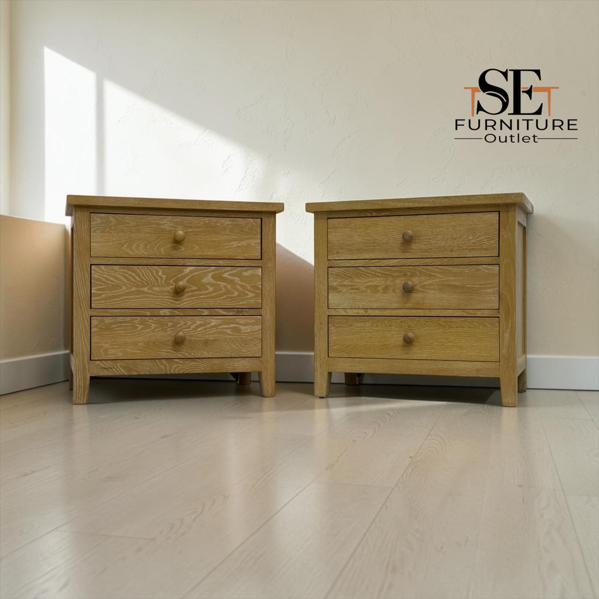 Set of 2 Whitewashed Oak Jumbo Bedside Tables from the Inglesham Range, RRP £700