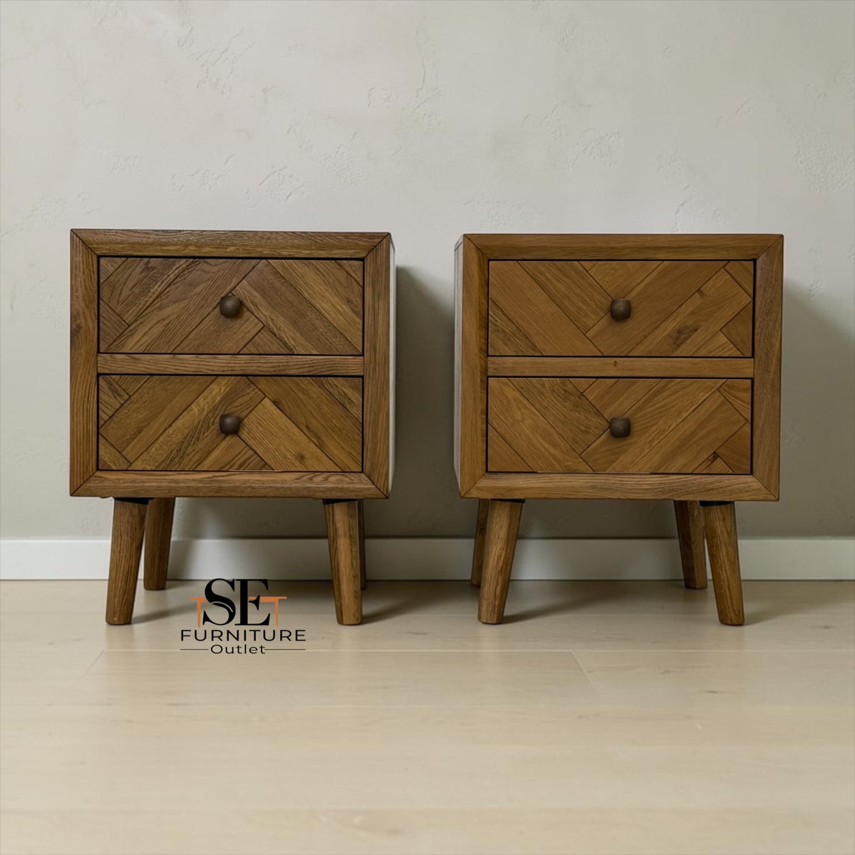 Set of 2 Brushed and Glazed Solid Oak 2-Drawer Bedside Tables, Parquet Range, from Oak Furnitureland