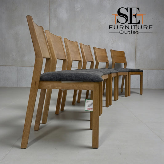 Set of 6 Natural Oak Dining Chairs with Grey Crushed Seat Pads, Ellison Range from Oak Furnitureland, RRP £200 Each.