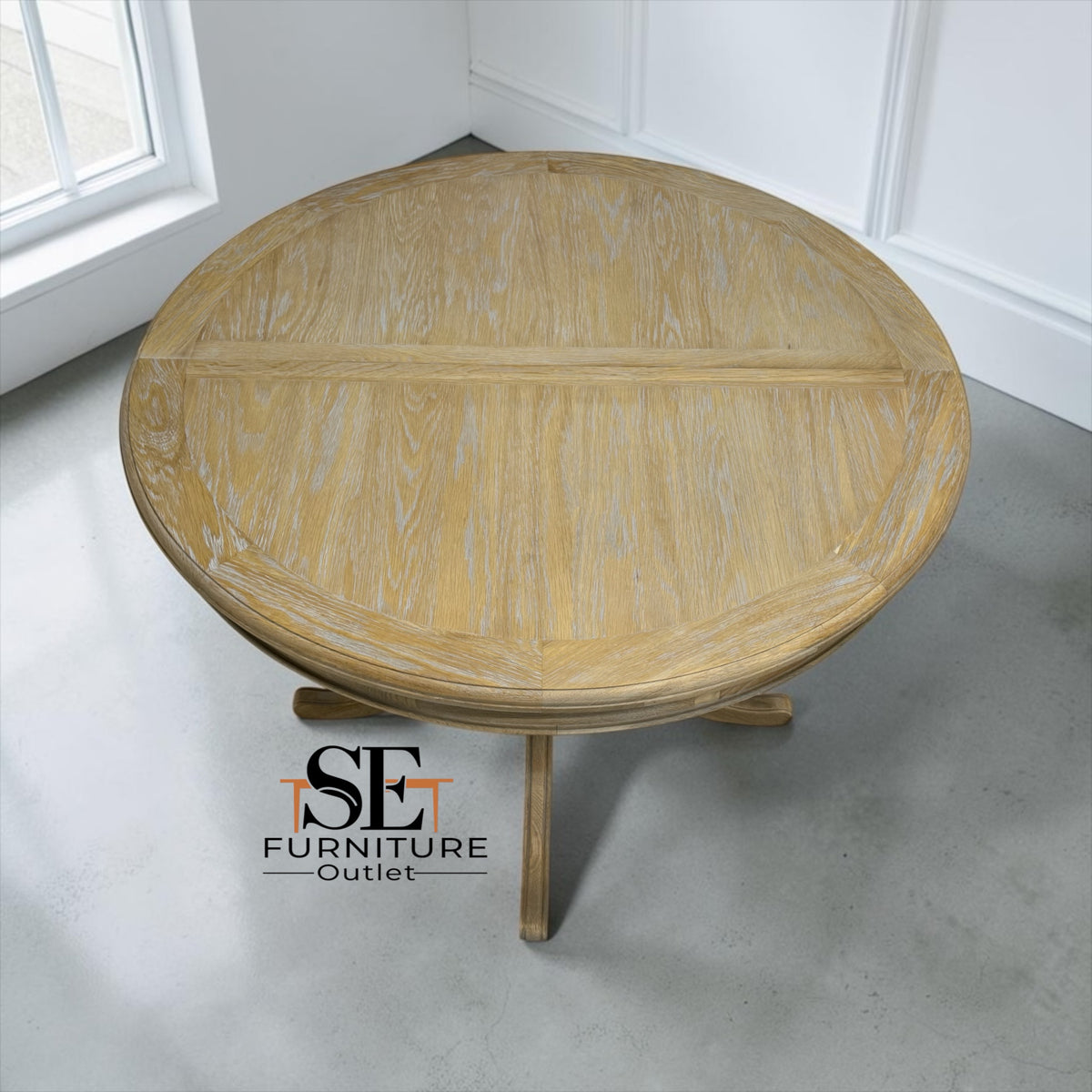 Grey-toned Limewashed Finish Solid Oak and Oak Veneer 4-6 Seater Extending Round Dining Table, Camille Range RRP £1399