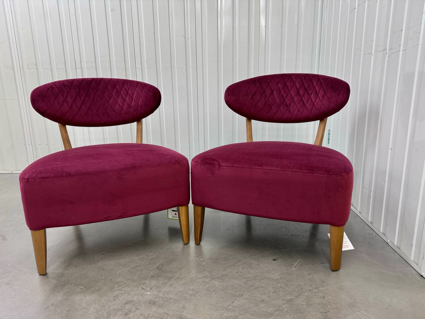 Pair Of Crimson Velvet Fabric Casual Chairs With Solid Oak Frame