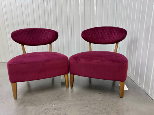 Pair Of Crimson Velvet Fabric Casual Chairs With Solid Oak Frame