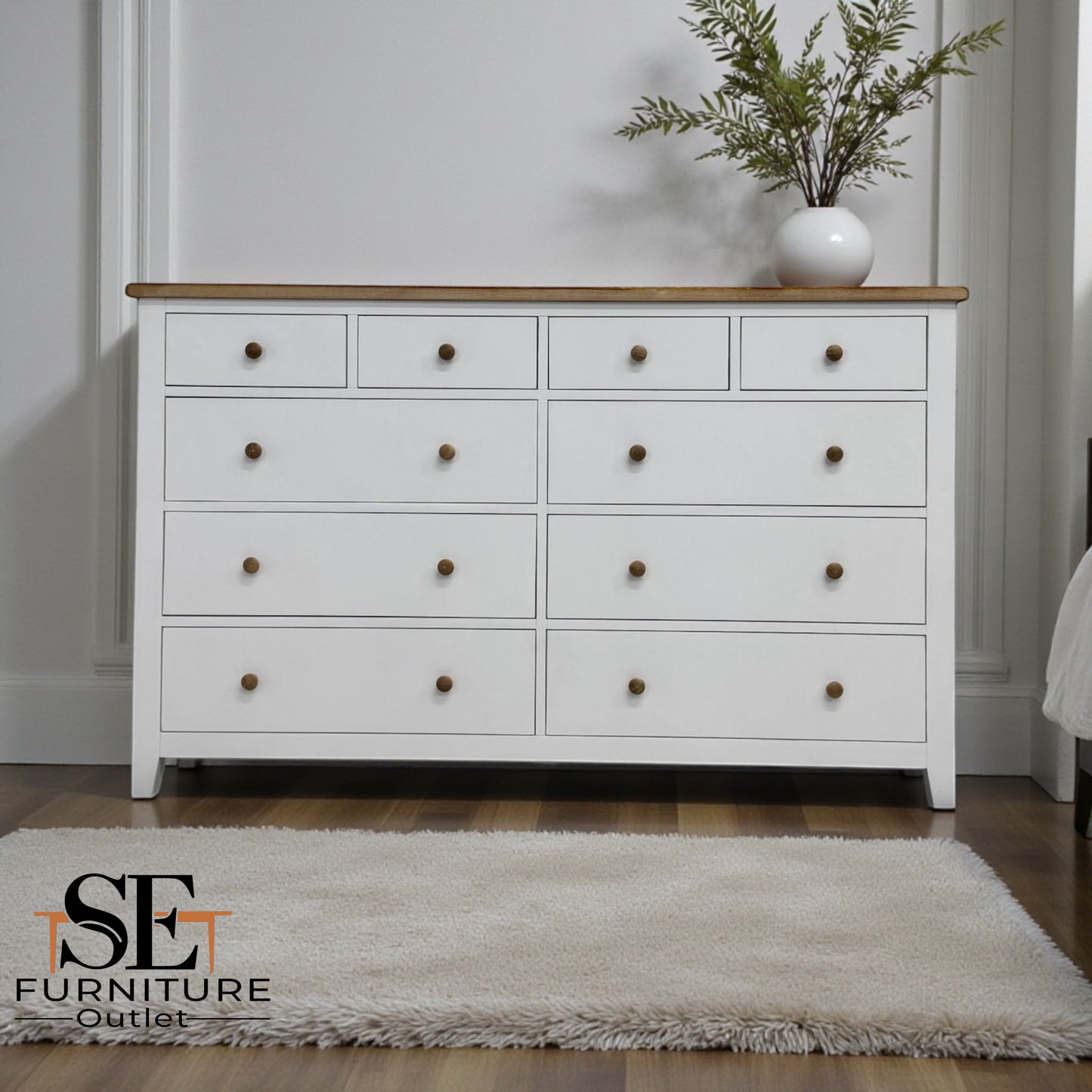 White Wax Finished Oak Top 10 Drawer Chest, Chester Pure White Range RRP £1100