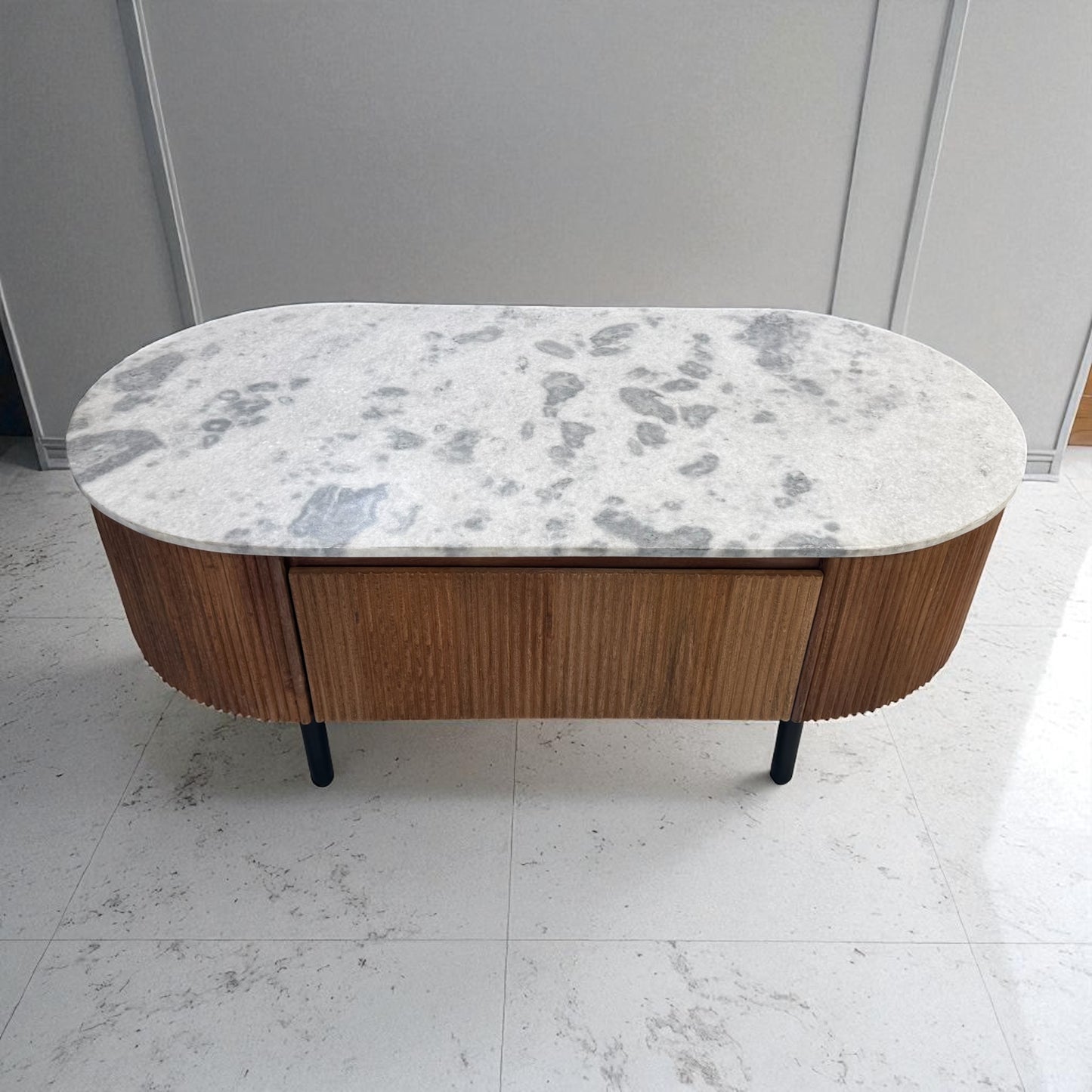 Solid Mango Wood Fluted Base & Natural White & Grey Mottled Marble Top Coffee Table