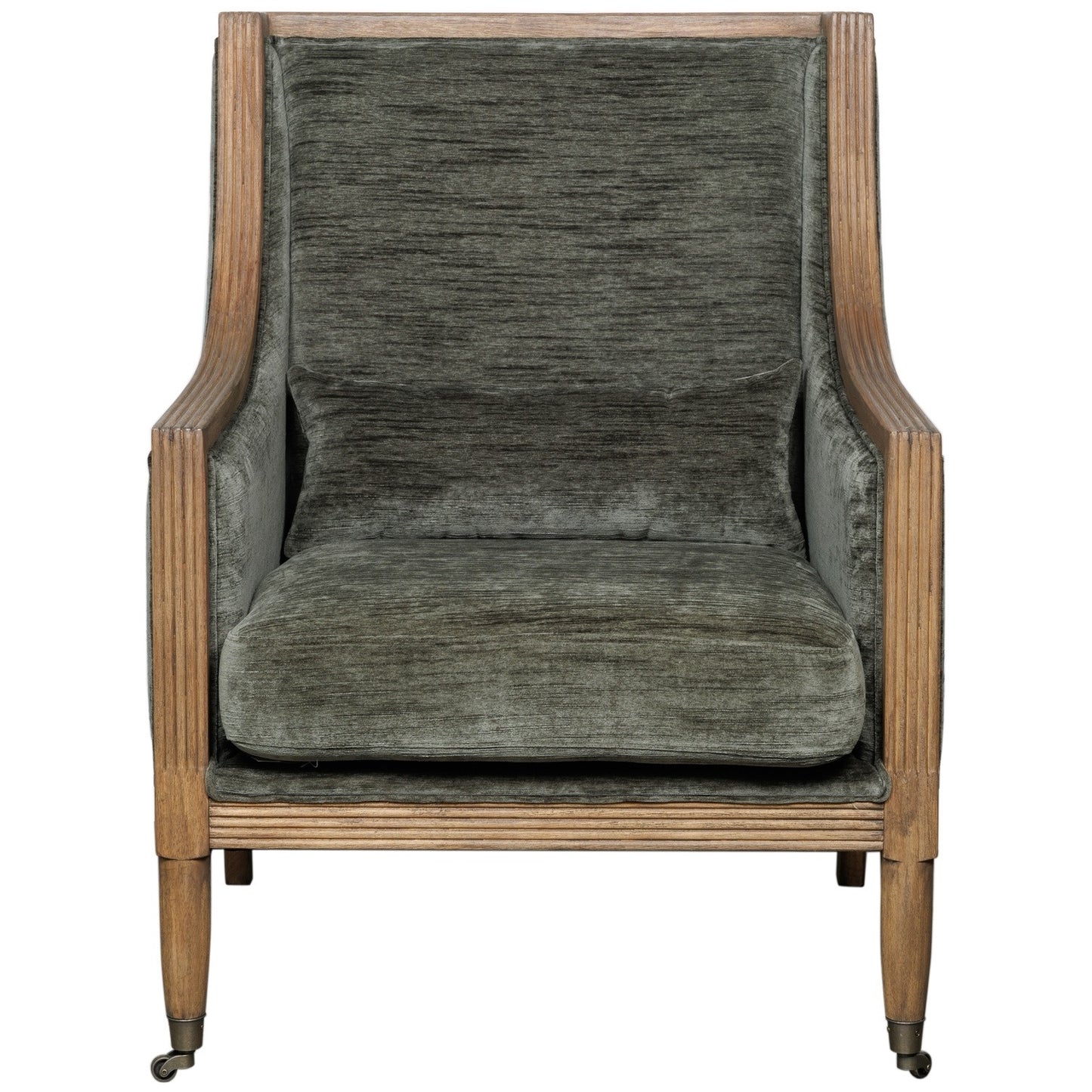 ALBURY OLIVE GREEN FABRIC & WOODEN FRAME ARMCHAIR ON WHEELS