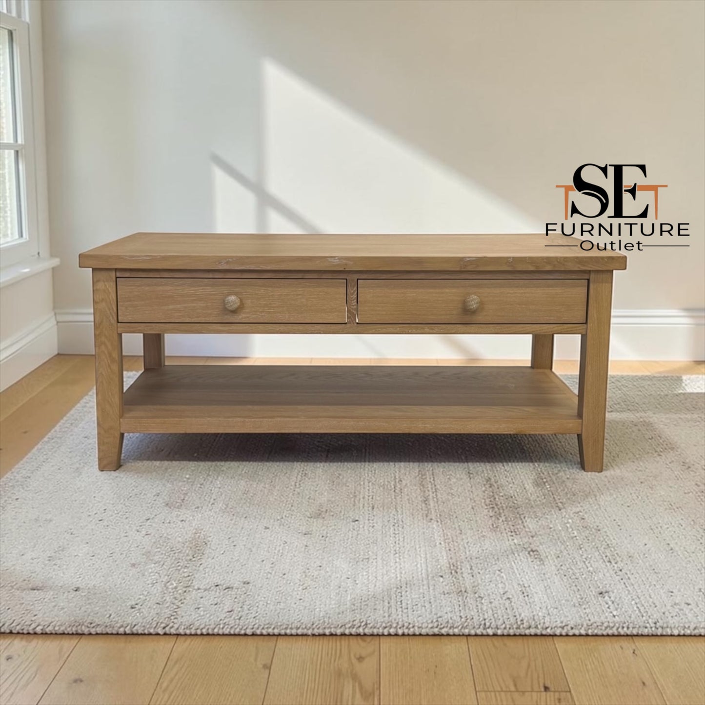 Whitewashed Finish Solid Oak & Oak Veneer Coffee Table with Drawers, Inglesham Range RRP £499