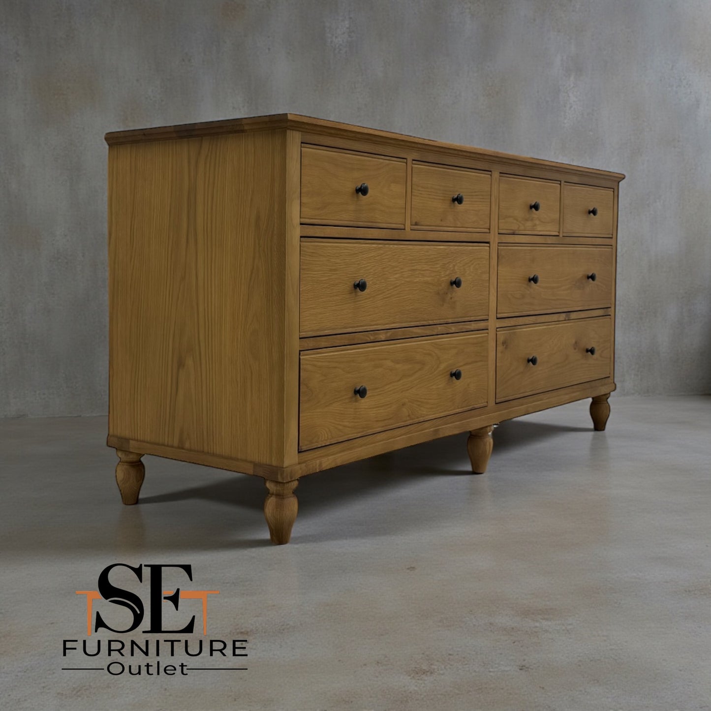 Solid Oak Top & Quality Oak Veneer Base 8 Drawer Wide Chest Elkstone Mellow Oak Range RRP £850