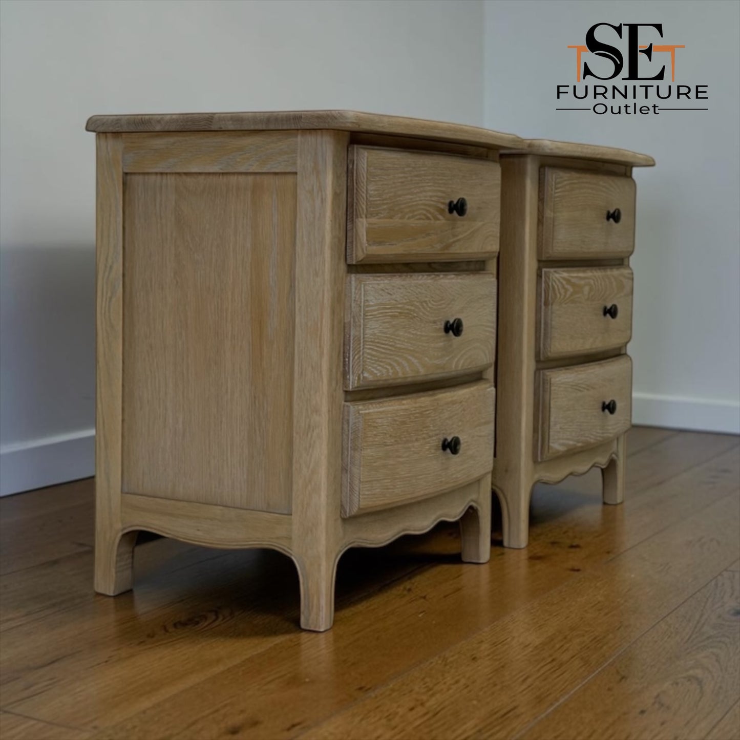 Grey-toned Limewashed Finish Solid Oak & High-Quality Oak Veneer Bedside Tables, Camille Range RRP £799