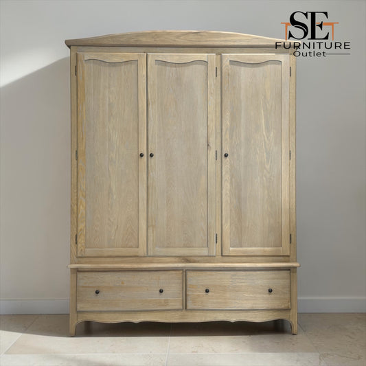 Grey-toned Limewashed Finish Solid Oak and Oak Veneer Triple Wardrobe, Camille Range RRP £1999