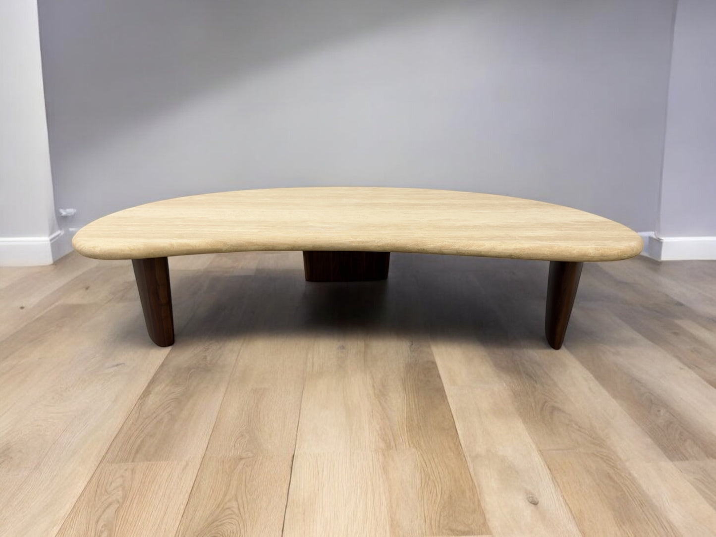 Solid Walnut legs & Natural Travertine Stone Coffee Table in the Shape of a Crescent Moon RRP £1199