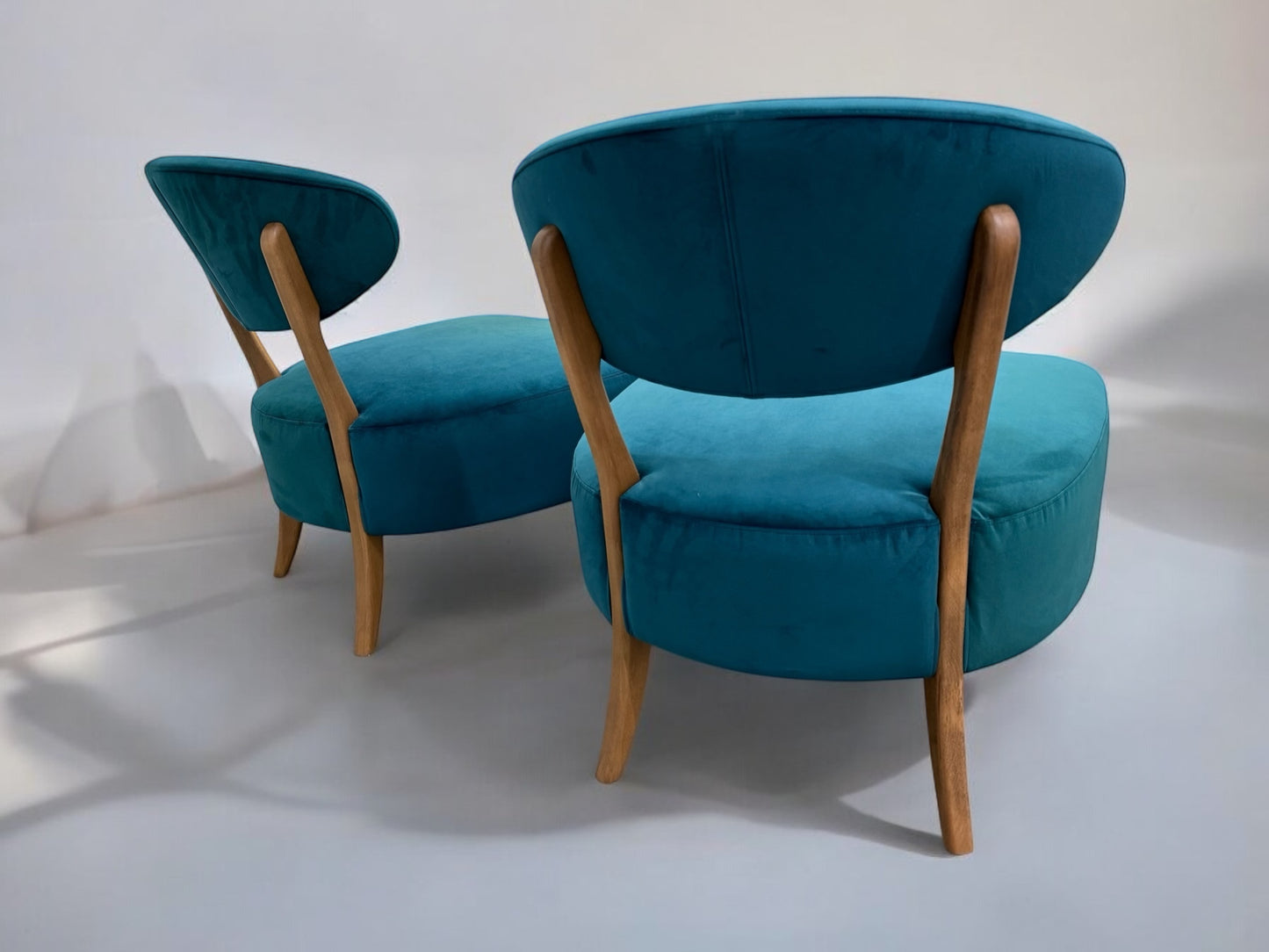 Pair Of Sea Green Velvet Fabric Casual Chairs With Solid Oak Frame