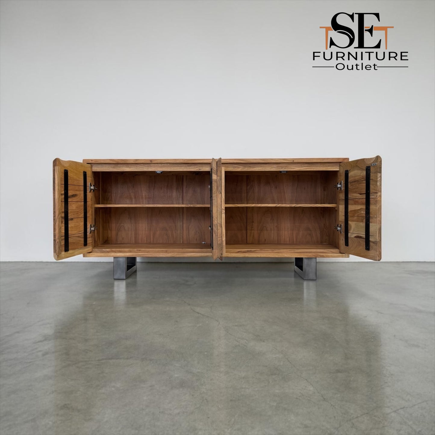 Chunky Solid Acacia Wood Live Edge 4-Door Extra Large Sideboard with Gun Metal Legs RRP £1299