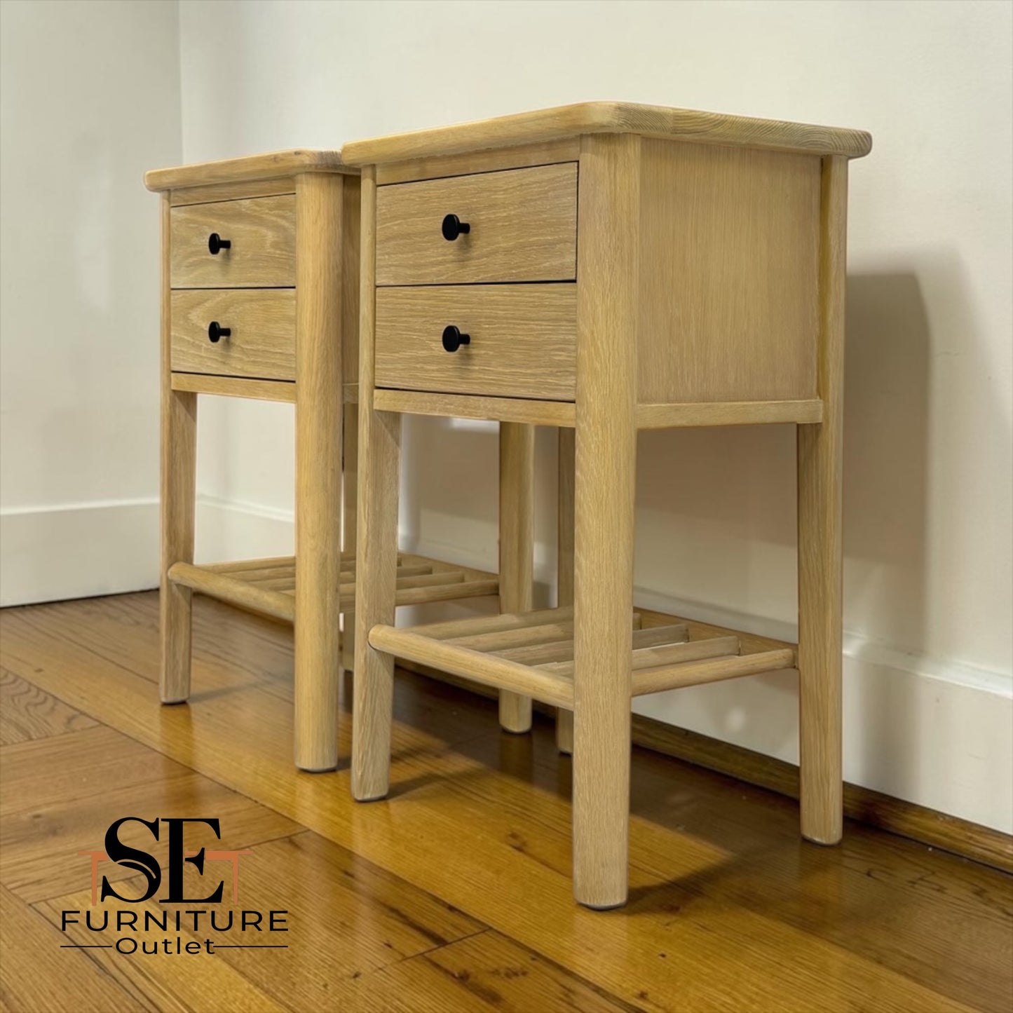 White Wax Finished Solid Oak & Premium Oak Veneer Bedside Tables, Berkeley Nordic Oak Range RRP £500