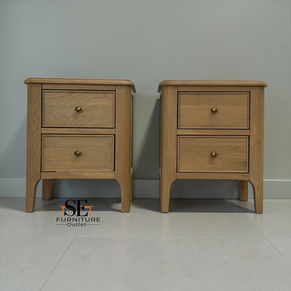Set of 2 Light Natural Solid Oak 2-Drawer Bedside Tables, Newton Range, from Oak Furnitureland RRP £598
