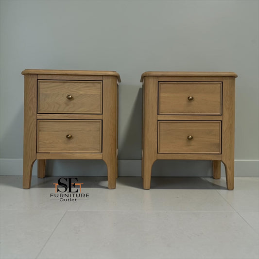 Set of 2 Light Natural Solid Oak 2-Drawer Bedside Tables, Newton Range, from Oak Furnitureland RRP £598