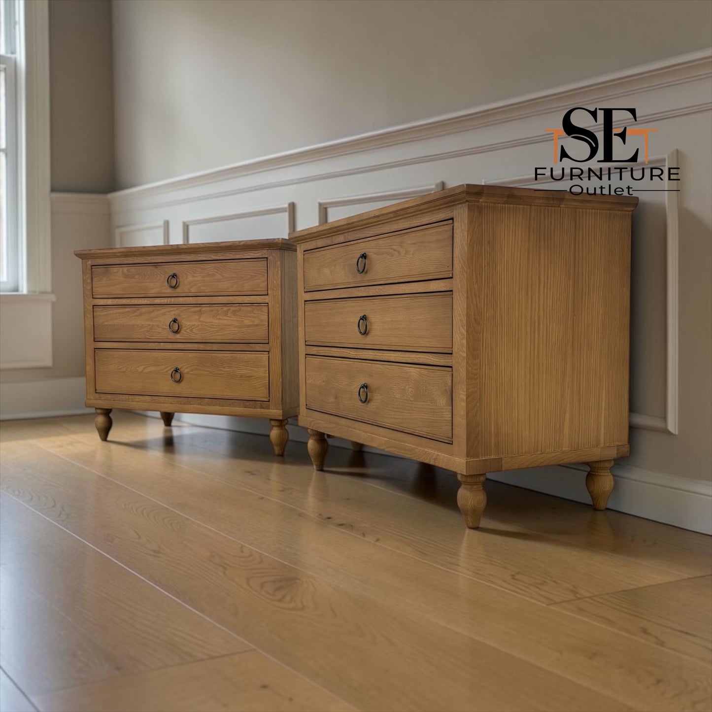 Set of 2 Solid Oak & Quality Oak Veneer Wide Bedside Tables from the Elkstone Mellow Oak Range RRP £700