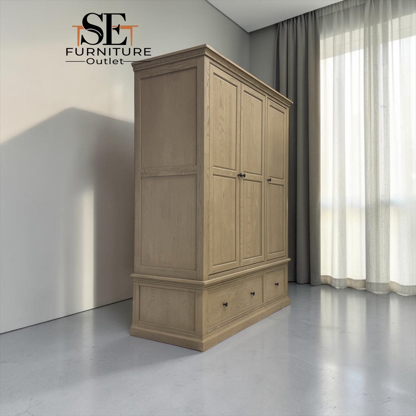Weathered Oak Triple Wardrobe with Glass Mirror & Shelves, Burleigh Range From Oak Furnitureland RRP £1769