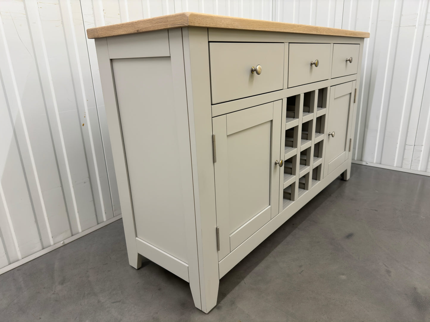 White Wax Finished Oak Top & Grey Painted Winerack Sideboard RRP £599