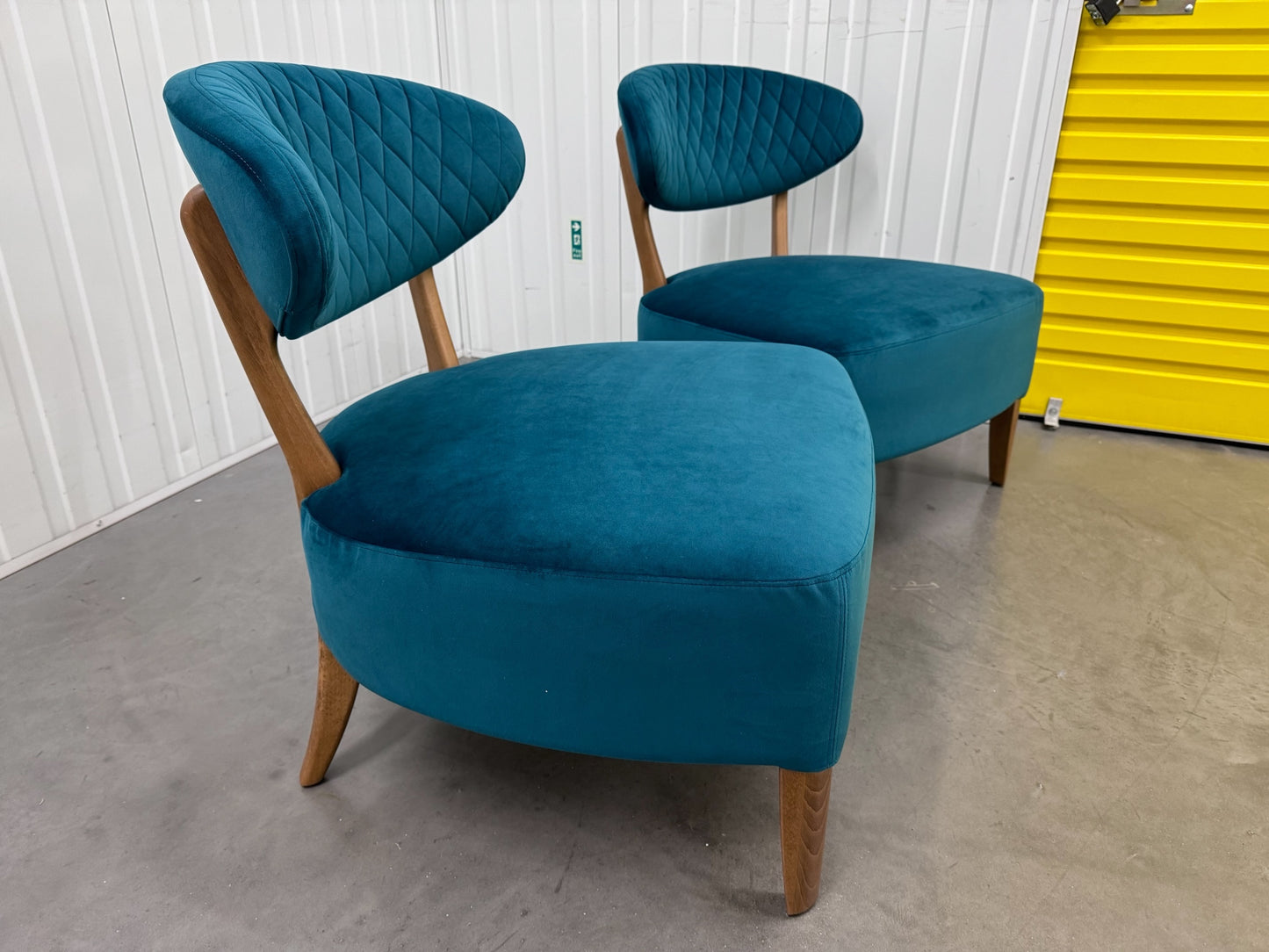 Pair Of Sea Green Velvet Fabric Casual Chairs With Solid Oak Frame