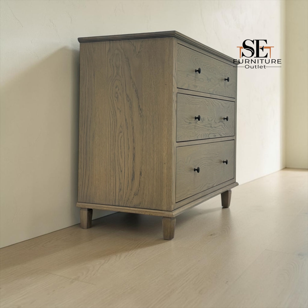 Smoked Solid Oak & Oak Veneer 3 Drawer Chest of Drawers, Bibury Smoked Oak Range, RRP £699