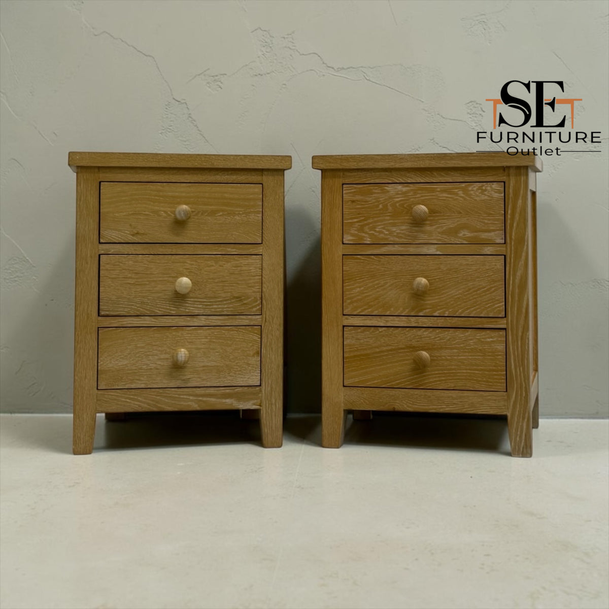 Set of 2 Whitewashed Oak 3 Drawer Bedside Tables from the Inglesham Range, RRP £398