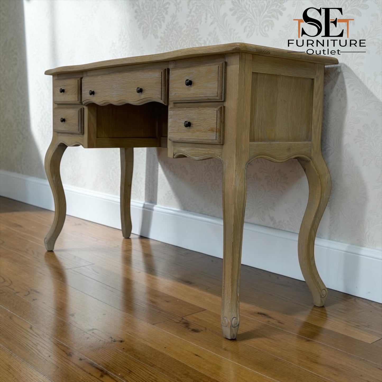 Grey-toned Limewashed Finish Solid Oak & High-Quality Oak Veneer Dressing Table, Camille Range RRP £799