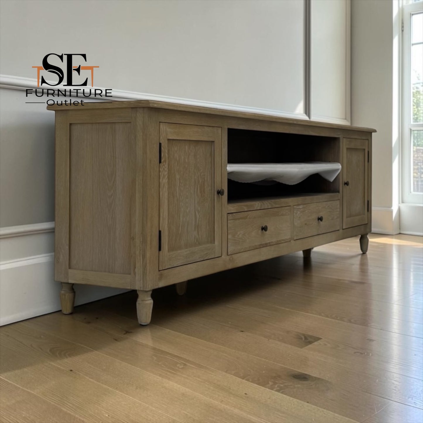 Grey-toned Limewashed Finish Solid Oak and Quality Oak Veneer XXL Tv Stand Fits up to 90", Camille Range RRP £1099