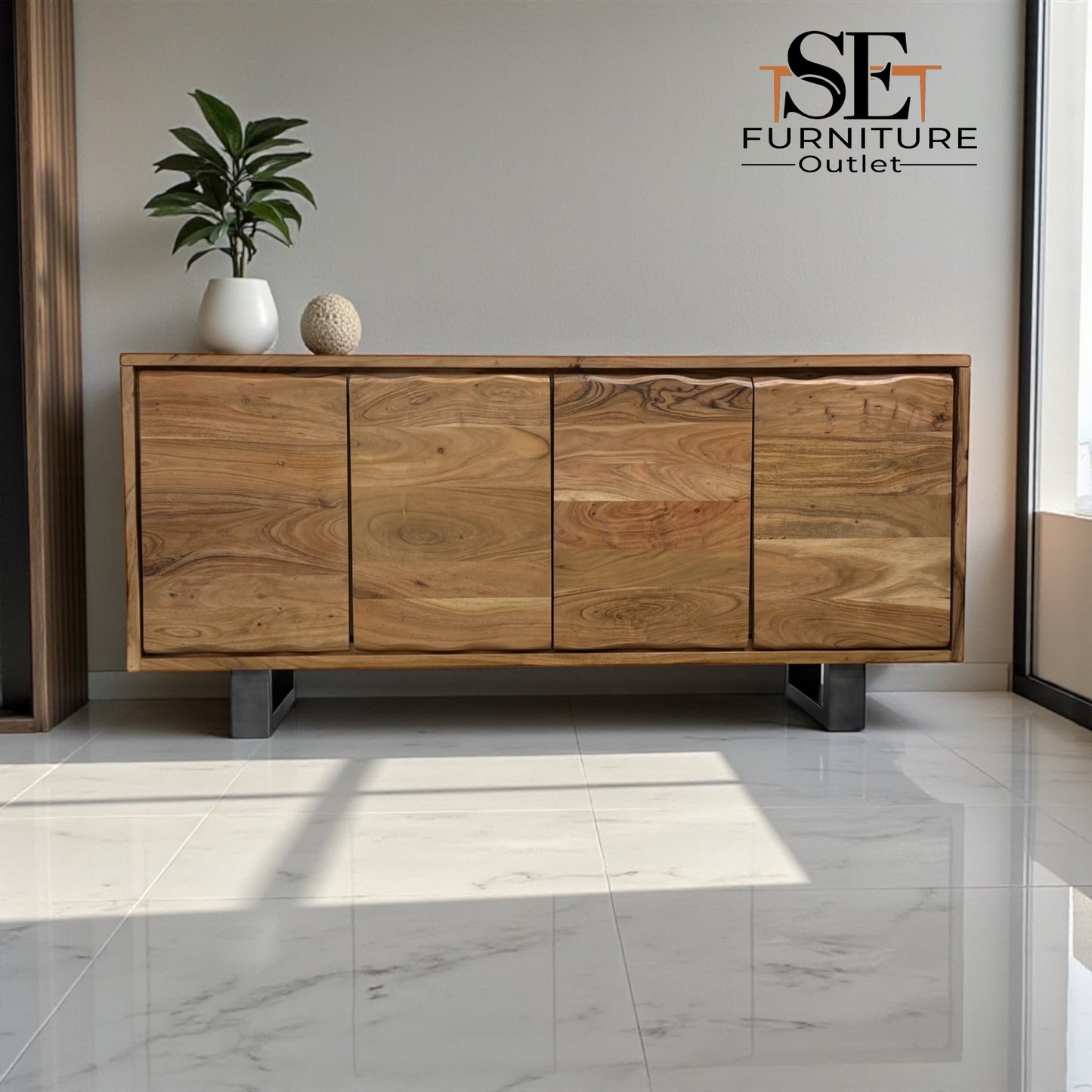 Chunky Solid Acacia Wood Live Edge 4-Door Extra Large Sideboard with Gun Metal Legs RRP £1299