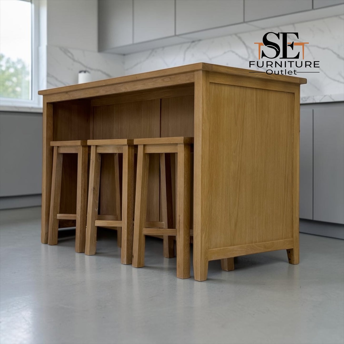 Whitewashed Finish Solid Oak & Oak Veneer Breakfast Bar Island & Stools Set, Inglesham Range, RRP £1250